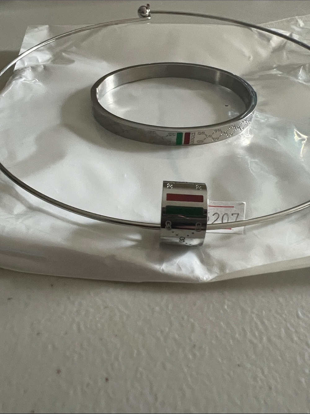 Stainless Steel Silver Necklace and Bangle Set with Green-Red Accent